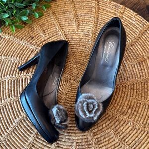 Garisma Italy Black Leather Heels with Fur Accent